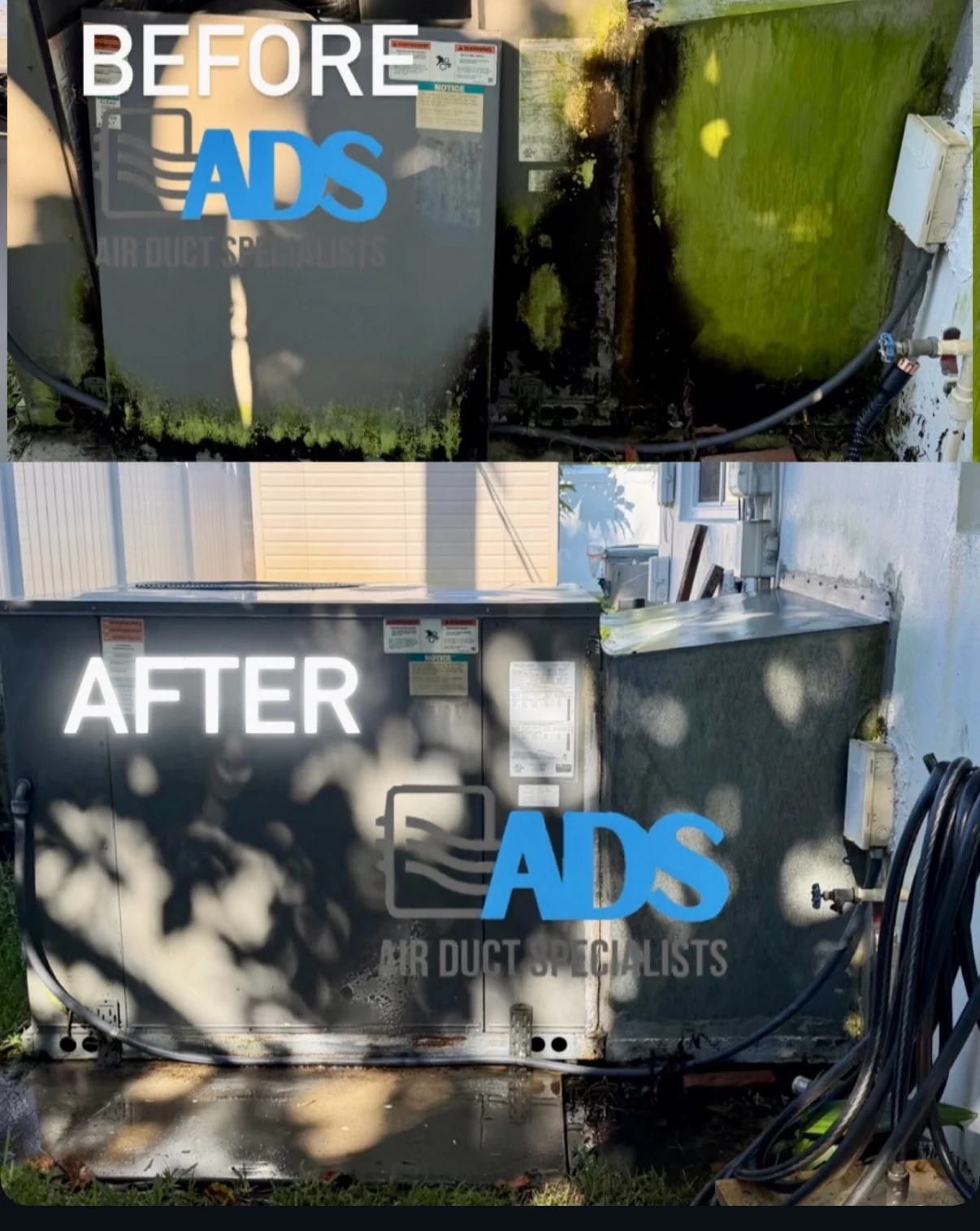 Before and after of an outdoor AC unit deep cleaning in South Florida — Air Duct Specialists LLC