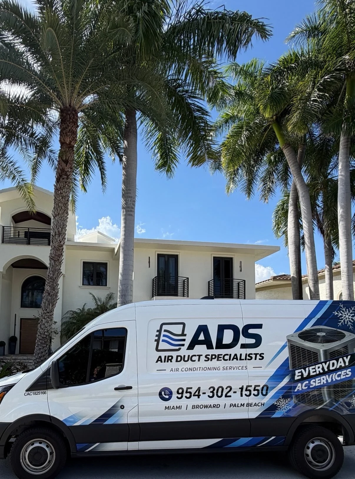 Air Duct Specialists service van on site at a South Florida home — same-day AC repair