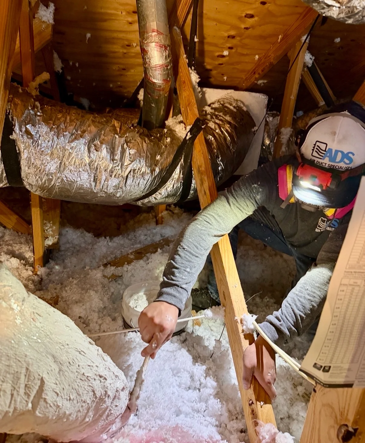 Air Duct Specialists technician applying sealant to a duct in an attic — Air Duct Specialists LLC