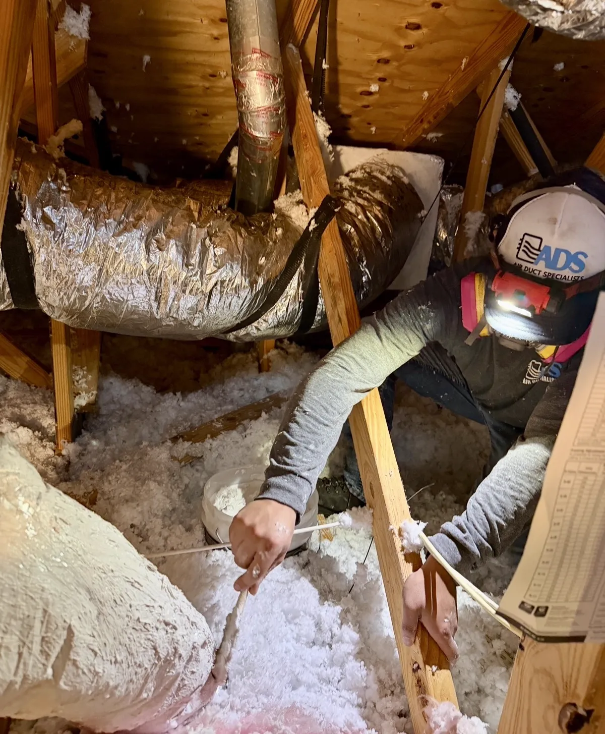 Technician hand-sealing new duct connections in a South Florida attic — Air Duct Specialists LLC